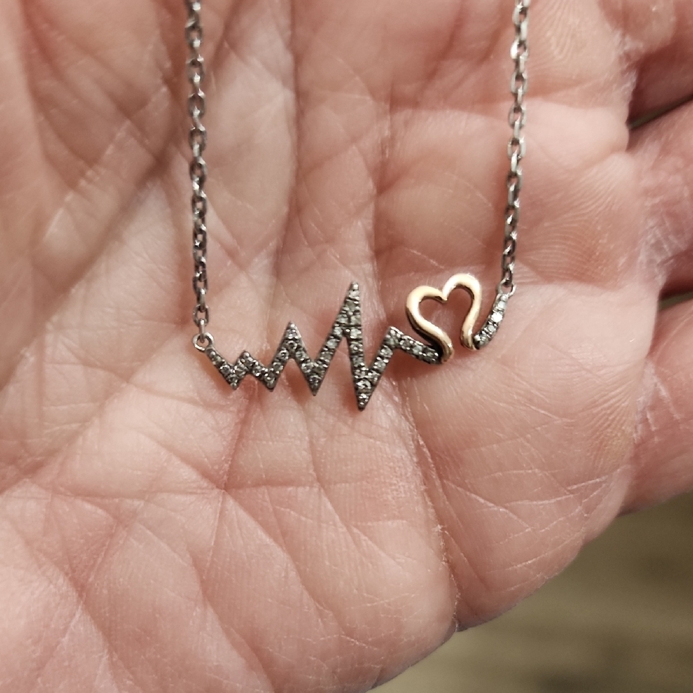 Sterling Silver and Gold Heartbeat W/Diamonds Necklace 18"